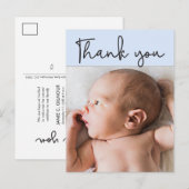 Blue - Baby Foto danke Script Birth Ankündigungspostkarte (Vorne/Hinten)