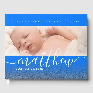 Blue Baby Foto Taufe Christening Cross Glitzer Gästebuch