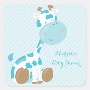 Blue Baby Giraffe und Polka Dots Quadratischer Aufkleber