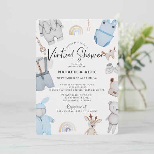 Blue Baby Kleidung & Toys Boy Virtual Baby Dusche Einladung (Stehend Vorderseite)