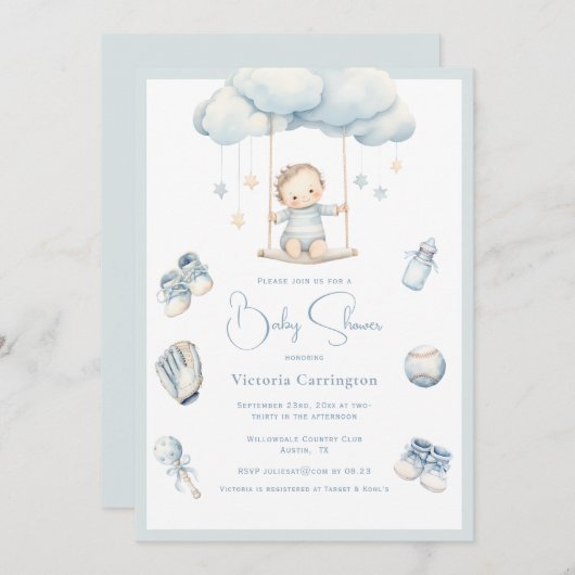 Blue Baby on Cloud Boy Baby Shower Einladung (Vorne/Hinten)