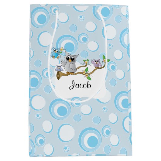 Blue Baby Owl Baby Dusche Mittlere Geschenktüte (Vorderseite)