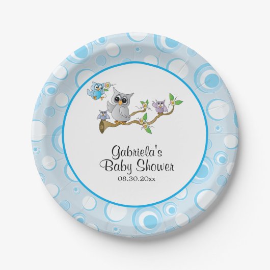 Blue Baby Owl Baby Showthema Pappteller (Vorderseite)