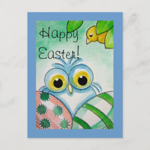 BLUE BABY OWL HAPPY EASTER Postcard Feiertagspostkarte