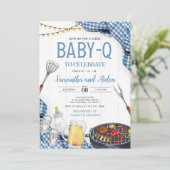Blue Baby-Q Baby Dusche Einladung (Stehend Vorderseite)