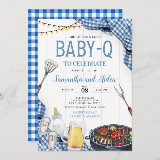 Blue Baby-Q Baby Dusche Einladung (Vorne/Hinten)