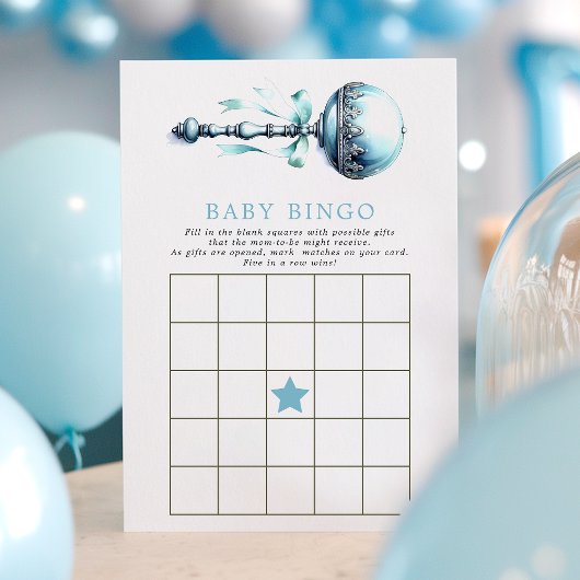 Blue Baby Rattle Boy Baby Dusche Bingo Game Card Einladung