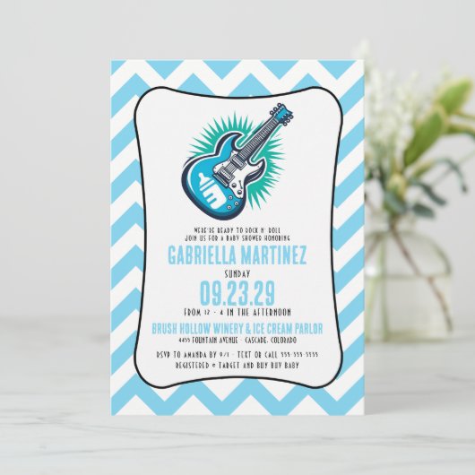 Blue Baby Rock Baby Dusche Einladung (Stehend Vorderseite)