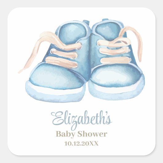Blue Baby Shoes Baby Shower Quadratischer Aufkleber (Vorderseite)