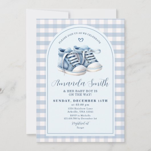 Blue Baby Shoes Boy Hinterns Kariert Arch Baby Dus Einladung (Vorderseite)