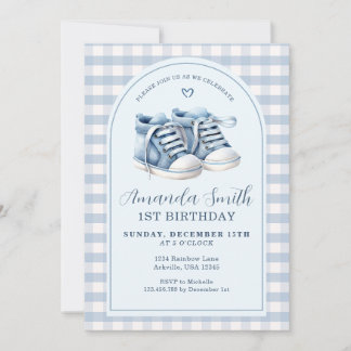 Blue Baby Shoes Boy Kariert Arch Erster Geburtstag Einladung