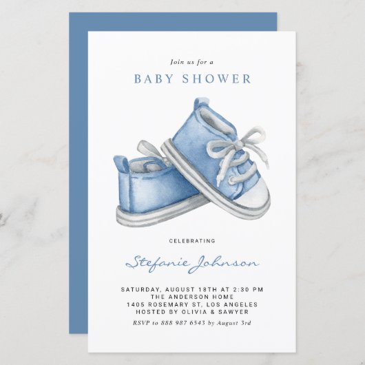 Blue Baby Shoes Es ist eine Boy Baby Dusche Einlad (Vorne/Hinten)