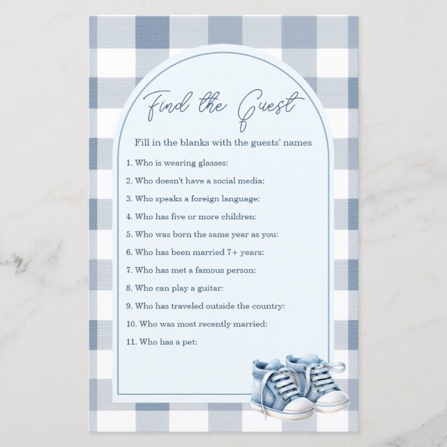 Blue Baby Shoes Gingham Find The Guest Game (Vorderseite)