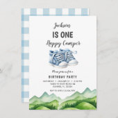 Blue Baby Shoes Little Camper Geburtstag Einladung (Vorne/Hinten)