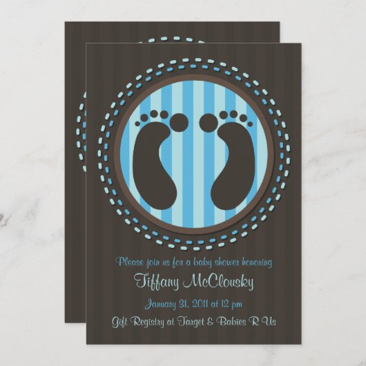Blue Baby Shower Baby Footprints Einladung (Vorne/Hinten)