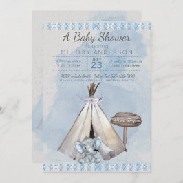 Blue Baby Shower Boho Baby Elephant & Tipi Einladung
