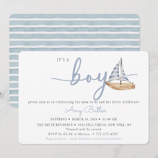 Blue Baby Shower Invitation with Sailboat & Stripe Einladung (Vorne/Hinten)