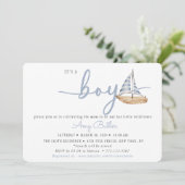 Blue Baby Shower Invitation with Sailboat & Stripe Einladung (Stehend Vorderseite)
