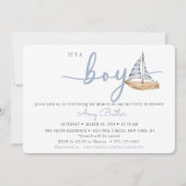Blue Baby Shower Invitation with Sailboat & Stripe Einladung (Vorderseite)