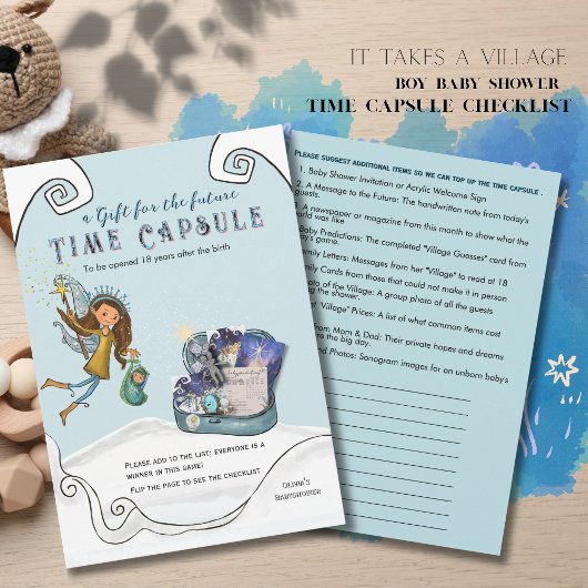 Blue Baby Shower Time Capsule Sugestion Checklist Einladung
