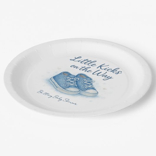 Blue Baby Sneakers Baby Dusche Pappteller (Schrägansicht)