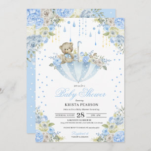 Blue Baby Sprinkle Umbrella Teddy Bear Baby Dusche Einladung