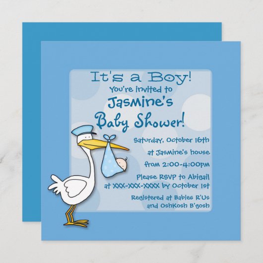 Blue Baby Stork Polka Dot Dusche Einladung (Vorne/Hinten)