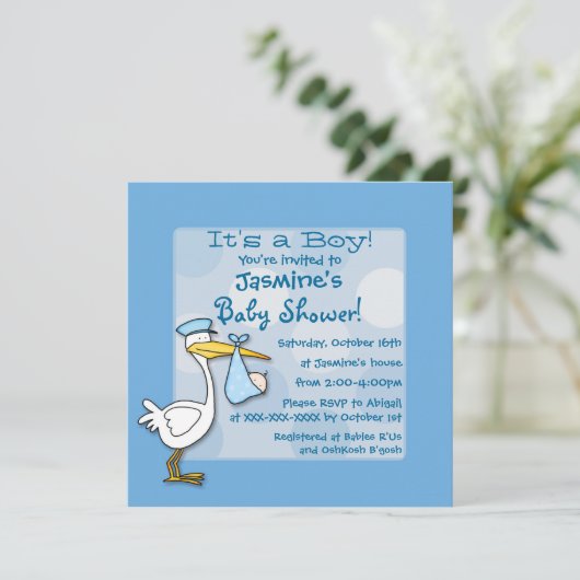 Blue Baby Stork Polka Dot Dusche Einladung (Stehend Vorderseite)