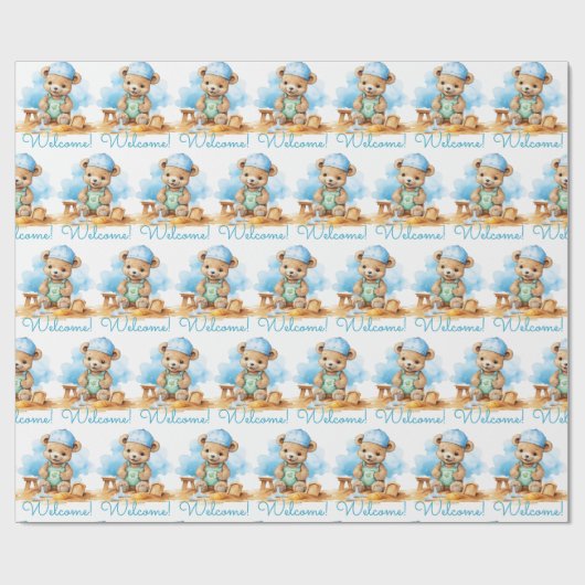 Blue Baby Welcome Teddy Bear Geschenkpapier (Flach)