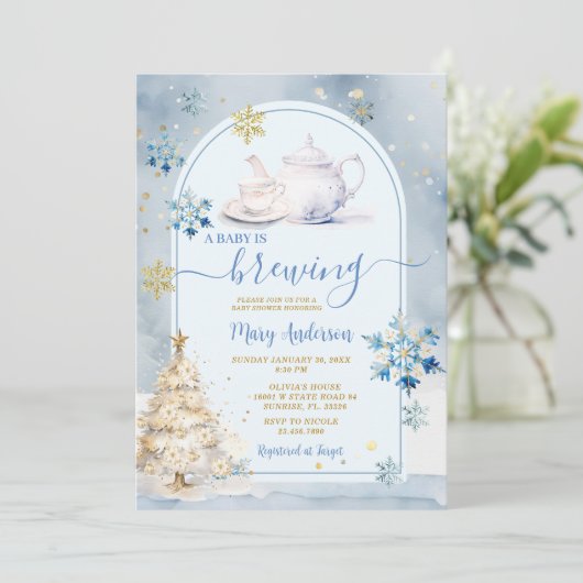 Blue Baby wird Tee Party Winter Baby Dusche Brauen Einladung (Stehend Vorderseite)