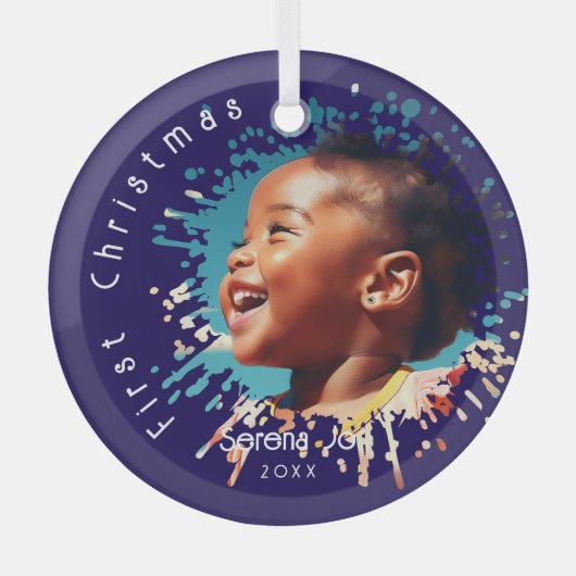 Blue Baby's First Christmas Splatter Pattern  Ornament Aus Glas (Vorderseite)