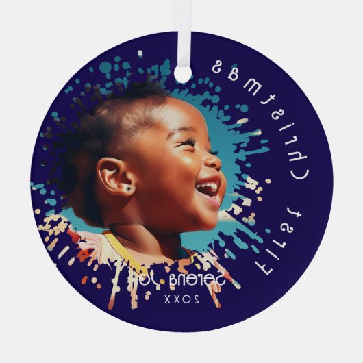 Blue Baby's First Christmas Splatter Pattern  Ornament Aus Glas (Rückseite)