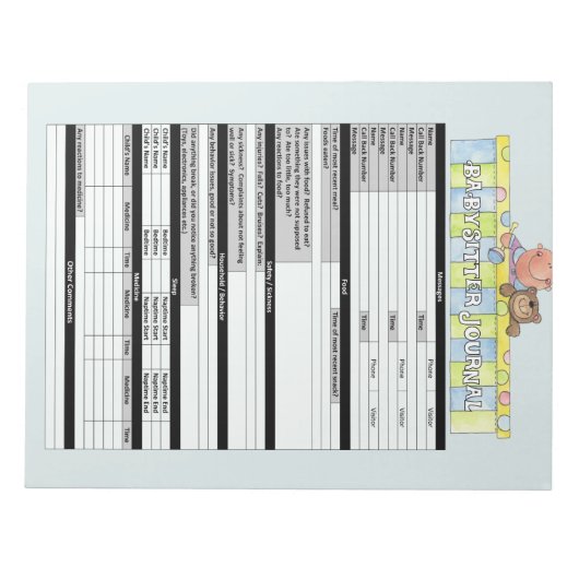 Blue Babysitter Journal Notepad Notizblock (Vorderseite)