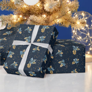 Blue Background mit Gold & Blue Holly Blätter Geschenkpapier