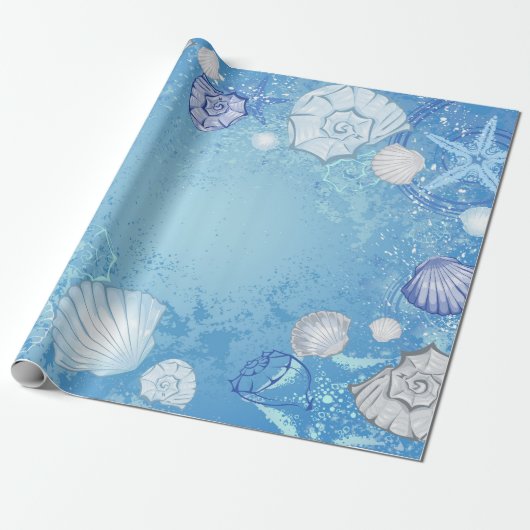 Blue Background mit Seashells Geschenkpapier (Ungerollt)