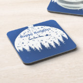 Blue Background mit Weihnachtsball und Kiefernbaum Getränkeuntersetzer (Linke Seite)