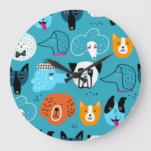 Blue Background, spielerisches Hundeschema. Große Wanduhr
