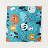 Blue Background, spielerisches Hundeschema. Wandteppich (Vorderseite (Horizontal))