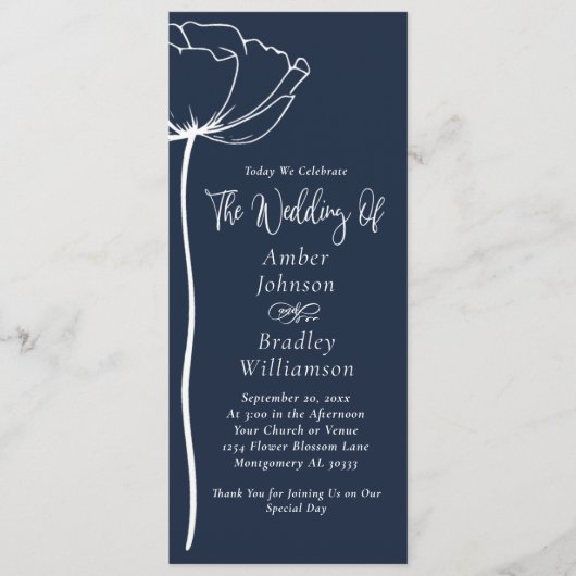 Blue Background White Floral Simple Wedding Programm (Vorderseite)