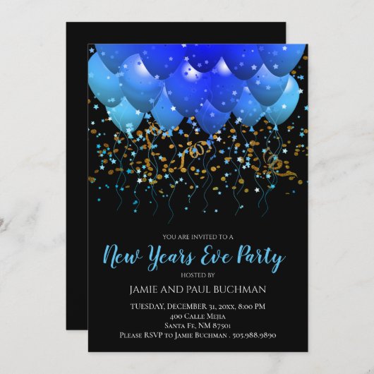 Blue Ballons Gold Confetti Black Silvester Einladung (Vorne/Hinten)