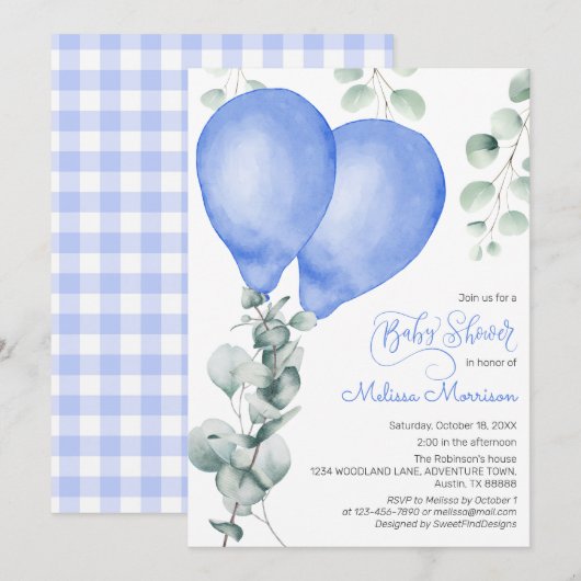 Blue Balloon Baby Boy Dusche Einladung (Vorne/Hinten)