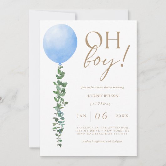 Blue Balloon Baby Boy Shower Einladung Oh Boy (Vorderseite)
