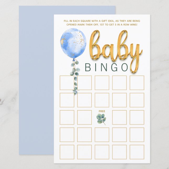 Blue Balloon Baby Showdusche Bingo Game Card (Vorne/Hinten)