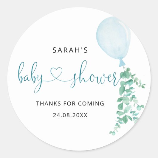 Blue Balloon Baby Shower Classic Round Sticker (Vorderseite)