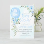 Blue Balloon Baby Shower Einladung (Stehend Vorderseite)