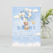 Blue Balloon Bear Baby Dusche Einladung (Stehend Vorderseite)