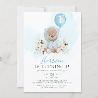 Blue Balloon Boho Teddy Bear 1. Geburtstag Einladung