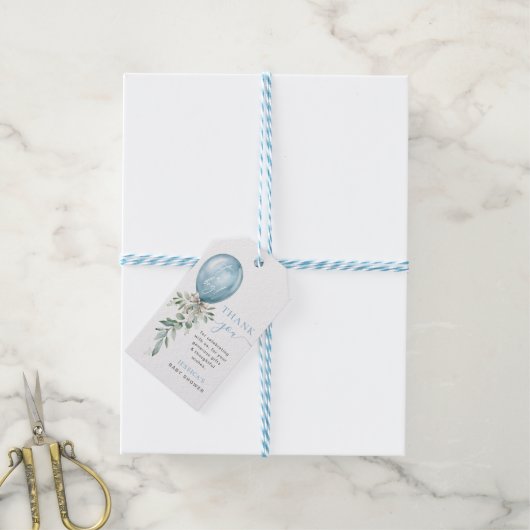 Blue Balloon Bow Greenery Baby Shower Thank You Geschenkanhänger (Mit Garn)