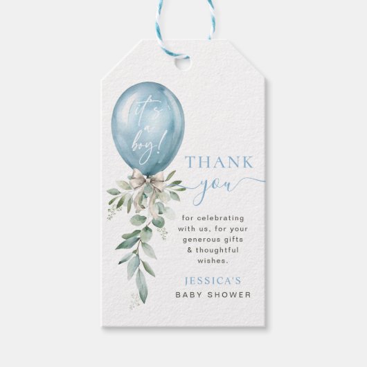 Blue Balloon Bow Greenery Baby Shower Thank You Geschenkanhänger (Vorderseite)