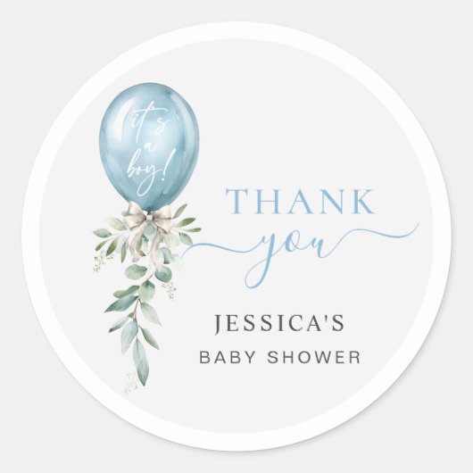 Blue Balloon Bow Greenery Baby Shower Thank You Runder Aufkleber (Vorderseite)